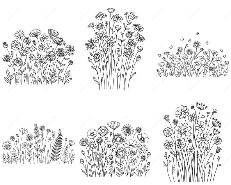 May include: Black and white line art of various wildflowers and foliage. The image features several arrangements of daisies, poppies, and other flowers, with detailed stems and leaves. Some arrangements include butterflies.