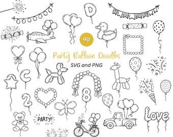 May include: Black and white line art illustrations of party-themed elements, including balloons, a plane, a duck, a dog, a giraffe, a truck, and a bicycle. The text "Party Balloon Doodles" is also included.