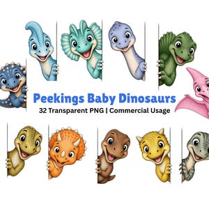 May include: A collection of cartoon baby dinosaur illustrations in various colors including blue, green, pink, orange, and yellow, all peeking from behind vertical edges. The text reads Peekings Baby Dinosaurs 32 Transparent PNG | Commercial Usage.