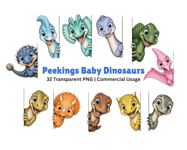 May include: A collection of cartoon baby dinosaur illustrations in various colors including blue, green, pink, orange, and yellow, all peeking from behind vertical edges. The text reads Peekings Baby Dinosaurs 32 Transparent PNG | Commercial Usage.
