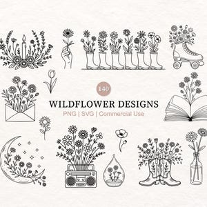 Könnte beinhalten: Schwarz-Weiß-Illustrationen von Wildblumen in verschiedenen Anordnungen. Designs umfassen Blumen in Stiefeln, einen Rollschuh, ein offenes Buch und eine Boombox. Der Text lautet "Wildflower Designs".