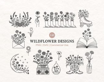 140 Wildflower svg png | Boho Floral svg bundle | Flower svg png | Minimalist Flower Bouquet png svg | Botanical svg | flower sketch svg