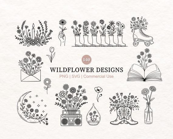 140 Wildflower svg png | Boho Floral svg bundle | Flower svg png | Minimalist Flower Bouquet png svg | Botanical svg | flower sketch svg