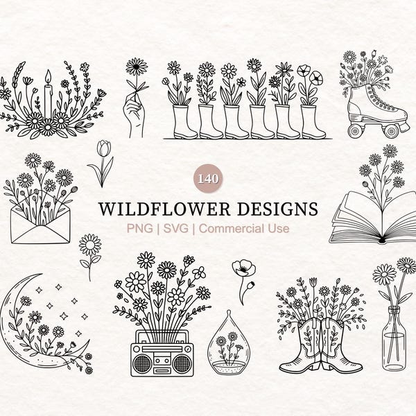 140 Wildblumen svg png | Boho Blumen svg bündel | Blumen svg png | Minimalistischer Blumenstrauß png svg | Botanische svg | Blumen Skizze svg