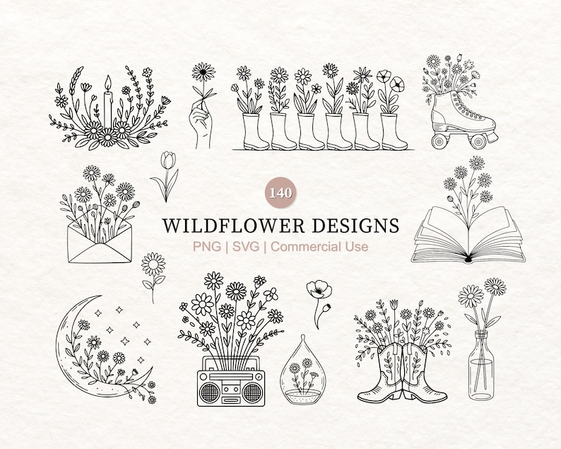 May include: Black and white line art illustrations of wildflowers in various arrangements. Designs include flowers in boots, a roller skate, an open book, and a boombox. Text reads "Wildflower Designs".