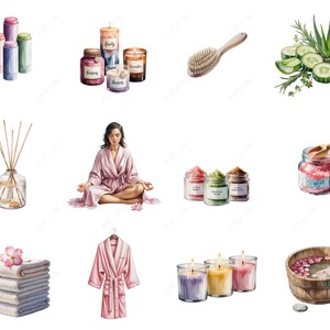 May include: Watercolor illustration of spa and wellness items. Includes candles, bath salts, a brush, a diffuser, a bathrobe, towels, and a wooden tub with rose petals. Also features a person meditating.