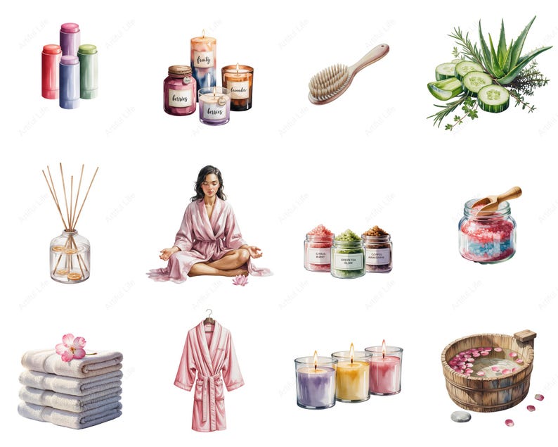 May include: Watercolor illustration of spa and wellness items. Includes candles, bath salts, a brush, a diffuser, a bathrobe, towels, and a wooden tub with rose petals. Also features a person meditating.
