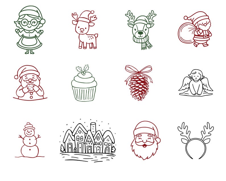 May include: A collection of Christmas-themed line art illustrations. The images include Santa Claus, reindeer, angels, a snowman, a cupcake, a pinecone, and a festive village. The color palette is primarily red and green, with black outlines.