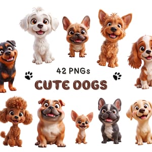 Cute Dogs Clipart Bundle | Cartoon Dog |42 Transparent PNGs | Printable Dogs