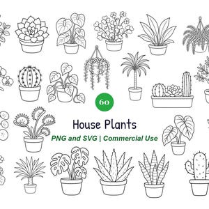 May include: A collection of black and white line art illustrations featuring various potted house plants, including cacti, succulents, and hanging plants. The image includes the text 60 House Plants PNG and SVG | Commercial Use.