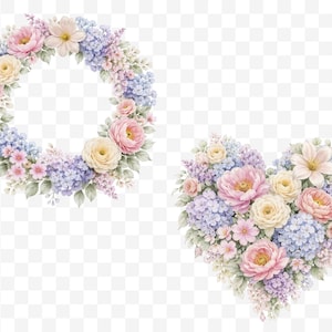 May include: Watercolor floral wreath and heart arrangement. The wreath is circular, and the heart is heart-shaped. Both are composed of pastel-colored flowers, including pink roses, blue hydrangeas, and yellow blossoms, with green leaves.