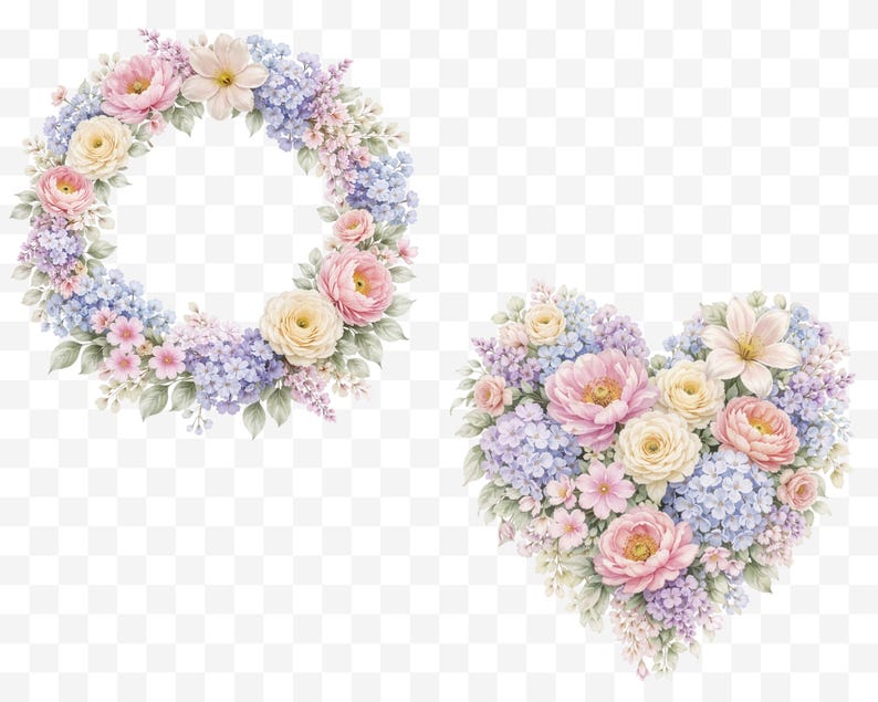 May include: Watercolor floral wreath and heart arrangement. The wreath is circular, and the heart is heart-shaped. Both are composed of pastel-colored flowers, including pink roses, blue hydrangeas, and yellow blossoms, with green leaves.