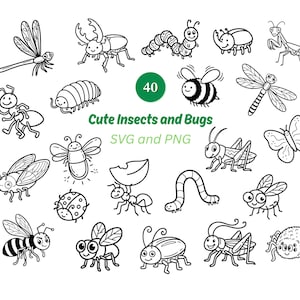 Puede incluir: Ilustración en blanco y negro de 40 insectos y bichos lindos, incluyendo una libélula, una abeja, una mariposa y una hormiga. El texto "Cute Insects and Bugs SVG and PNG" se muestra en el centro de la imagen.