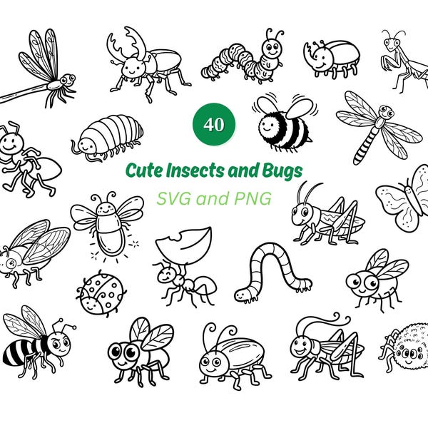 40 Cute Insects and Bugs SVG PNG | Insects Clipart | Insect Doodles | Digital Download