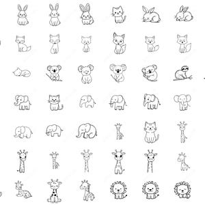May include: A collection of black and white line art animal illustrations. The drawings include various animals such as rabbits, pandas, foxes, koalas, elephants, cats, giraffes, and lions. Each animal is depicted in a simple, cartoon-like style.