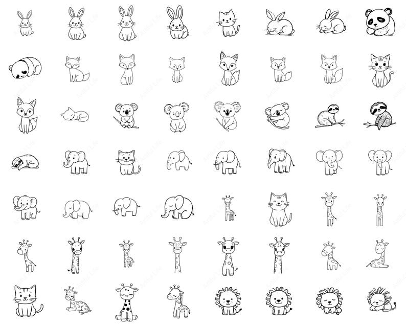 May include: A collection of black and white line art animal illustrations. The drawings include various animals such as rabbits, pandas, foxes, koalas, elephants, cats, giraffes, and lions. Each animal is depicted in a simple, cartoon-like style.