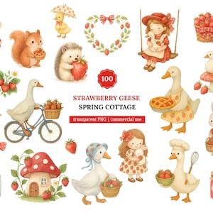 Strawberry Geese Clipart png | Cute Goose | Strawberry Cottage Cottagecore | Spring Watercolor | Cute Animals | Kids Clipart | Cute Clipart