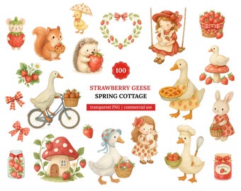 Strawberry Geese Clipart png | Cute Goose | Strawberry Cottage Cottagecore | Spring Watercolor | Cute Animals | Kids Clipart | Cute Clipart