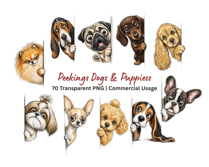 May include: A collection of nine illustrated dogs and puppies peeking from behind vertical edges. The text reads: Peekings Dogs & Puppiess 70 Transparent PNG | Commercial Usage. The breeds include a Pomeranian, Basset Hound, Pug, Dachshund, Spaniel, Shih Tzu, Chihuahua, Poodle, and French Bulldog.