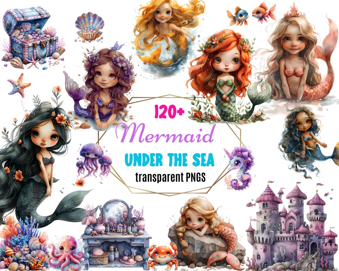 Watercolor Mermaid Clipart Bundle cute Mermaids PNG Cute Sea Animals ...