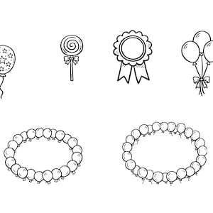May include: Black and white line art illustrations of party decorations. Includes a balloon with stars, a lollipop with a bow, a rosette with ribbons, a cluster of balloons, and two oval frames made of balloons.
