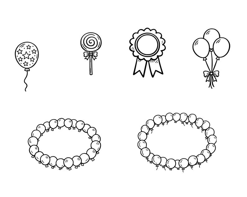 May include: Black and white line art illustrations of party decorations. Includes a balloon with stars, a lollipop with a bow, a rosette with ribbons, a cluster of balloons, and two oval frames made of balloons.