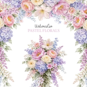 Peut inclure: Illustration à l'aquarelle de fleurs aux couleurs pastel, avec des pivoines roses, des roses jaunes et des hortensias bleus. Le texte "Watercolor PASTEL FLORALS" est inclus, sur fond blanc.