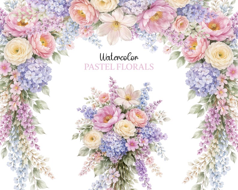 May include: Watercolor illustration of pastel florals, featuring pink peonies, yellow roses, and blue hydrangeas. The image includes the text "Watercolor PASTEL FLORALS" in a delicate font, with a white background.