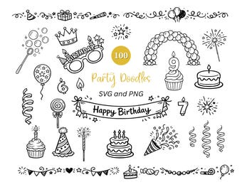 May include: A collection of black and white birthday-themed doodles, including balloons, cupcakes, party hats, and a banner that reads "Happy Birthday." The image also includes the text "Party Doodles SVG and PNG" and a number "100".