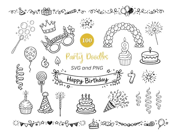 100 Hand-Drawn Party SVG PNG | Party doodles | Party illustrations | Party illustrations Number Candles | Birthday Doodles | Celebration svg
