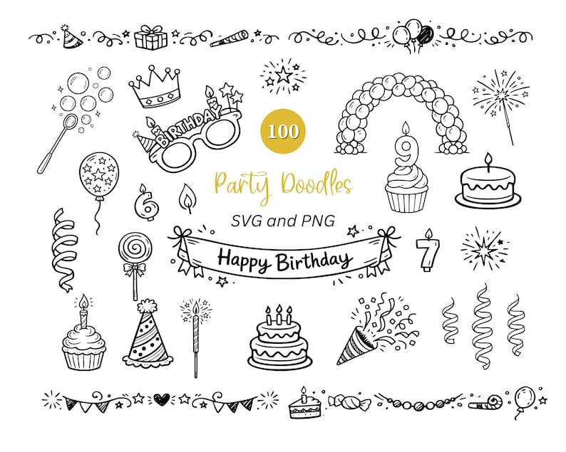 May include: A collection of black and white birthday-themed doodles, including balloons, cupcakes, party hats, and a banner that reads "Happy Birthday." The image also includes the text "Party Doodles SVG and PNG" and a number "100".