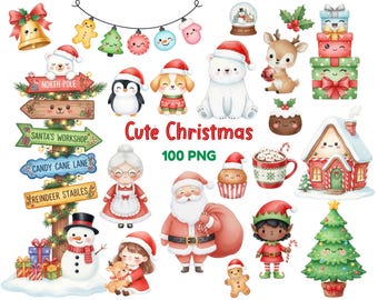 May include: Watercolor illustrations of Christmas characters and decorations, including Santa Claus, a snowman, polar bears, penguins, and a reindeer. The image also features directional signs, gift boxes, and a Christmas tree. Text reads "Cute Christmas 100 PNG."