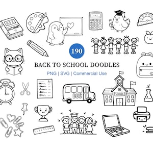 190 Back to School Doodle Clipart SVG PNG | Cute School Clipart | Black Line Hand Drawn Icon | Digital Download