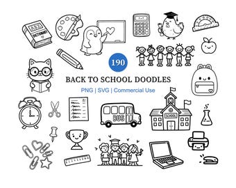 190 Back to School Doodle Clipart SVG PNG | Cute School Clipart | Black Line Hand Drawn Icon | Digital Download