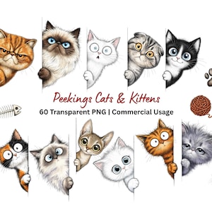 60 Quirky Peeking Cats Clipart Set | Hand-Drawn Inky Sketch Watercolor Style | Cute Kittens Cats | PNG Digital Download Commercial Use