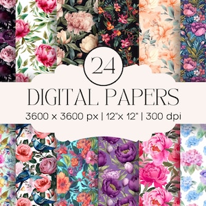 24er Pack Bundle - Florales nahtloses digitales Papier | Blumen Hintergründe | Aquarell und Hand gezeichnet