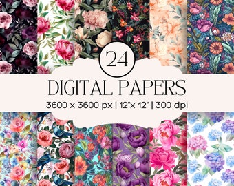 24 Pack Bundle - Floral Seamless Digital Paper | Flower Backgrounds | Watercolor and Hand drawn