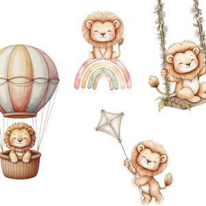 May include: Watercolor illustrations of a cute lion cub in various poses. One cub is in a hot air balloon, another on a rainbow, a third on a swing, and the last holding a kite. The color palette includes soft pastels.