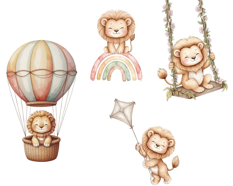 May include: Watercolor illustrations of a cute lion cub in various poses. One cub is in a hot air balloon, another on a rainbow, a third on a swing, and the last holding a kite. The color palette includes soft pastels.