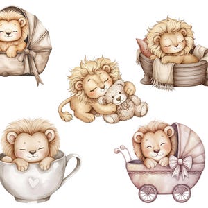May include: Watercolor illustrations of adorable baby lions in various poses. One lion is in a stroller, another in a teacup, and others are cuddling a teddy bear or resting in a tub. The lions have fluffy manes and are in soft, neutral colors.