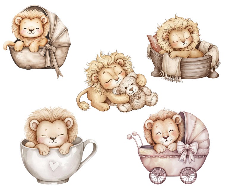 May include: Watercolor illustrations of adorable baby lions in various poses. One lion is in a stroller, another in a teacup, and others are cuddling a teddy bear or resting in a tub. The lions have fluffy manes and are in soft, neutral colors.