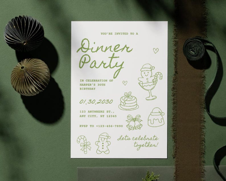 May include: A white invitation card with green text and illustrations for a dinner party. The card includes the text "Dinner Party", date, address, and RSVP information. Decorative paper ornaments and ribbon are on a green surface.