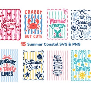 Könnte beinhalten: Eine Sammlung von sommerlichen SVG- und PNG-Designs. Die Designs zeigen Sätze wie "Sweet Summer Time", "Crabby But Cute" und "Mermaid Energy". Weitere Designs umfassen Küstenelemente wie Muscheln, Seesterne und Sonnenschein.