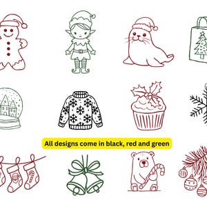 May include: A collection of Christmas-themed line art illustrations in black, red, and green. Designs include a gingerbread man, elf, seal, gift bag, snow globe, sweater, cupcake, snowflake, stockings, bells, bear, and ornaments.