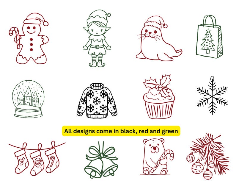 May include: A collection of Christmas-themed line art illustrations in black, red, and green. Designs include a gingerbread man, elf, seal, gift bag, snow globe, sweater, cupcake, snowflake, stockings, bells, bear, and ornaments.