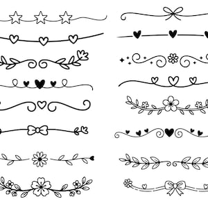 May include: A collection of black and white hand-drawn decorative dividers. Designs include stars, hearts, bows, flowers, and leafy branches. These elements are arranged in various symmetrical and asymmetrical patterns.