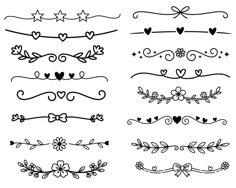 May include: A collection of black and white hand-drawn decorative dividers. Designs include stars, hearts, bows, flowers, and leafy branches. These elements are arranged in various symmetrical and asymmetrical patterns.