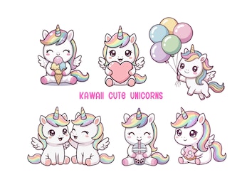 May include: A set of kawaii unicorn illustrations. Each unicorn features a rainbow horn and mane, wings, and a cute expression. Some unicorns hold ice cream, a heart, balloons, a drink, and a donut. The text "KAWAII CUTE UNICORNS" is also present.