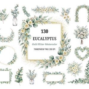 130 PNG Gold Glitter Watercolor Eucalyptus Clipart Bundle | Eucalyptus Frames | Greenery Clipart | Border Wreath Green Leaves Bouquets