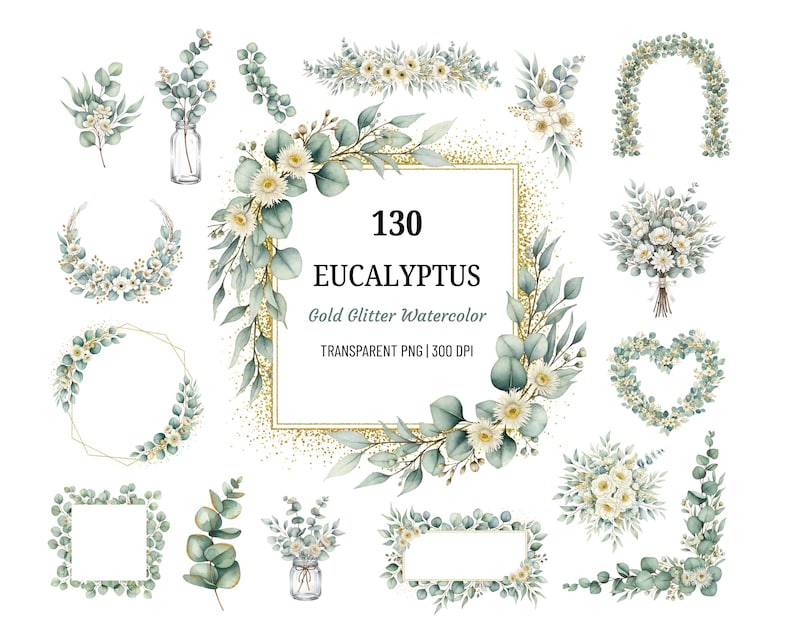 130 PNG Gold Glitter Watercolor Eucalyptus Clipart Bundle | Eucalyptus ...